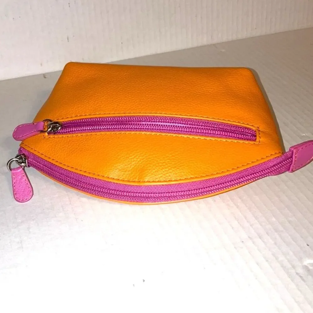 ILI New York Hot Lips Leather Cosmetic Makeup Case Bright Orange with Pink Lips